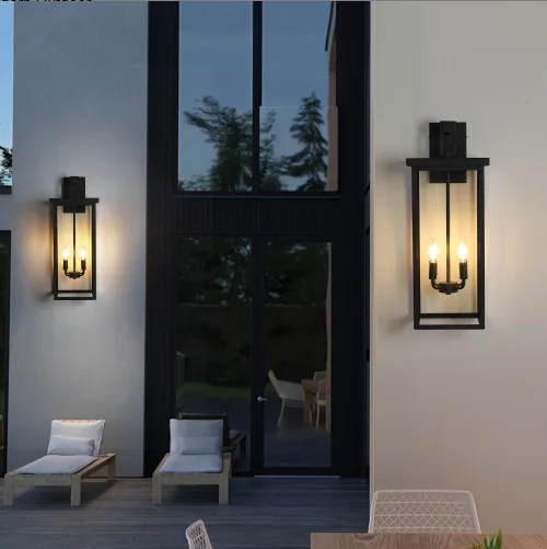 26H 1ps Modern Outdoor Wall Lanterns With Black Metal Frame And Clear Glass, 4 E12 Bulb Socket, Weatherproof Wall Sconces For Porch, Garden view 3