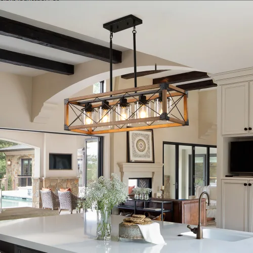 32 Inch Walnut Industrial Farmhouse Rectangle Pendant Light, 5-Light Chandelier With Lampshades For Dining Room, Kitchen Island, Cafe Decor No Bulbs view 3