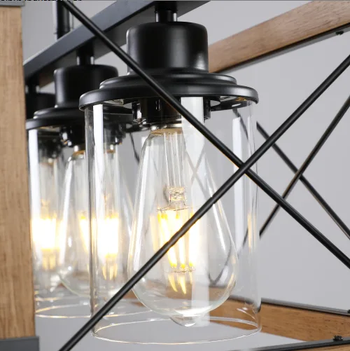 32 Inch Walnut Industrial Farmhouse Rectangle Pendant Light, 5-Light Chandelier With Lampshades For Dining Room, Kitchen Island, Cafe Decor No Bulbs view 2