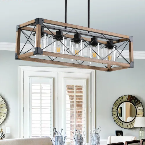 32 Inch Walnut Industrial Farmhouse Rectangle Pendant Light, 5-Light Chandelier With Lampshades For Dining Room, Kitchen Island, Cafe Decor No Bulbs view 4