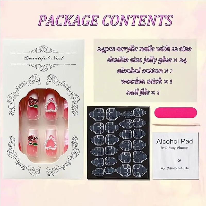 24 PCS Cherry Bow Nail Art, Long Length Long Water Pipe Fake Nails,Square Head Nail Tips False Nail view 4