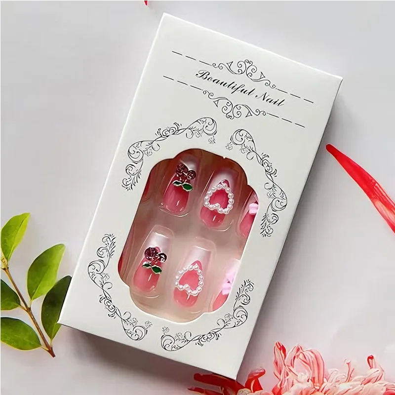 24 PCS Cherry Bow Nail Art, Long Length Long Water Pipe Fake Nails,Square Head Nail Tips False Nail view 2