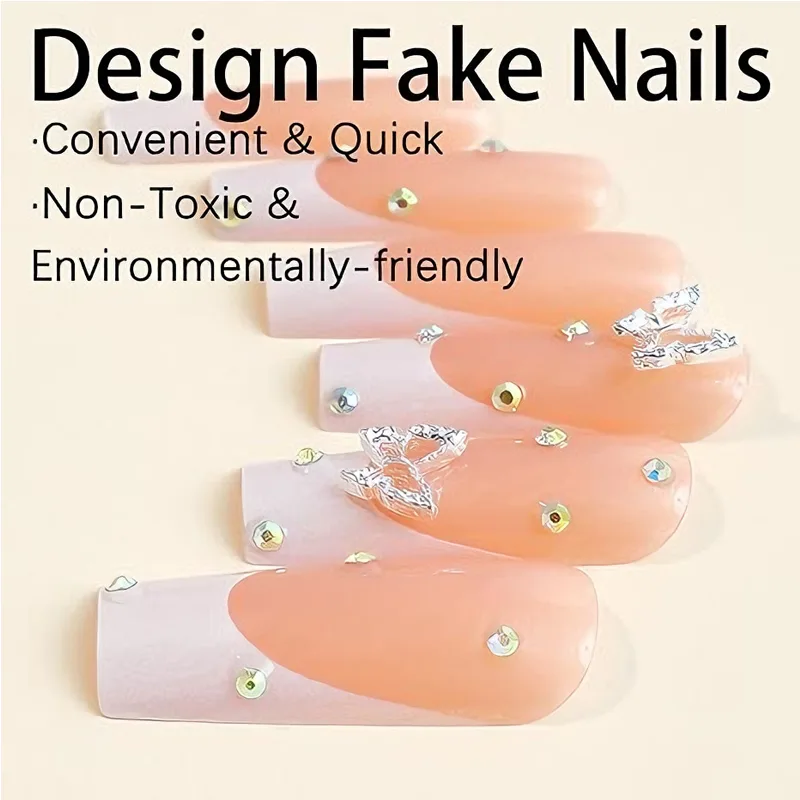 24 PCS Diamond Butterfly Nail Art, Long Length Long Water Pipe Fake Nails,Square Head Nail Tips False Nail view 2