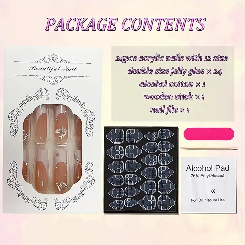 24 PCS Diamond Butterfly Nail Art, Long Length Long Water Pipe Fake Nails,Square Head Nail Tips False Nail view 3