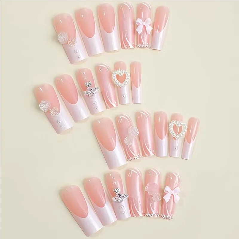 24 PCS Planet Pearl Flower Nail Art, Long Length Long Water Pipe Fake Nails,Square Head Nail Tips False Nail view 3
