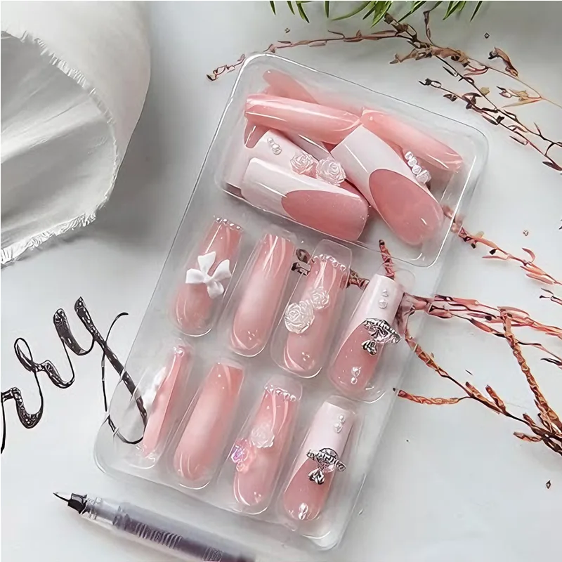 24 PCS Planet Pearl Flower Nail Art, Long Length Long Water Pipe Fake Nails,Square Head Nail Tips False Nail view 4