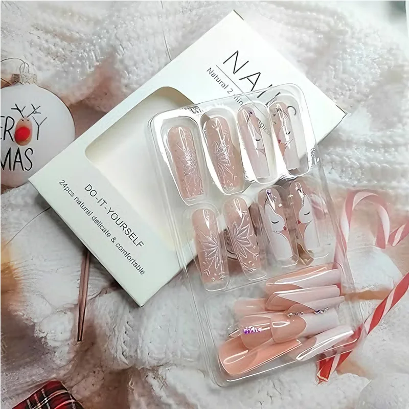 24 PCS Diamond Deer Snowflake Nail Art, Long Length Long Water Pipe Fake Nails,Square Head Nail Tips False Nail view 3