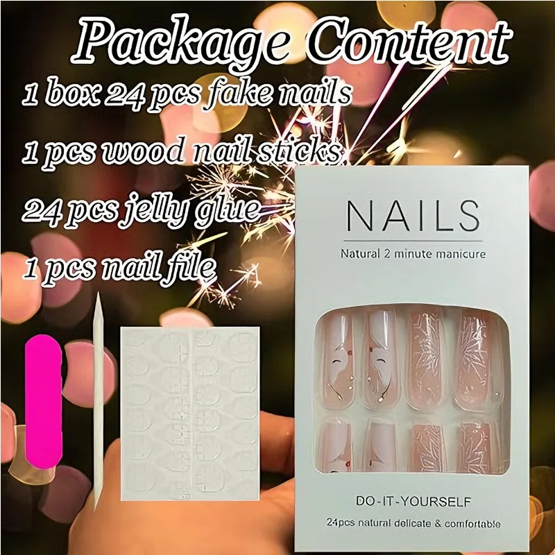 24 PCS Diamond Deer Snowflake Nail Art, Long Length Long Water Pipe Fake Nails,Square Head Nail Tips False Nail view 2