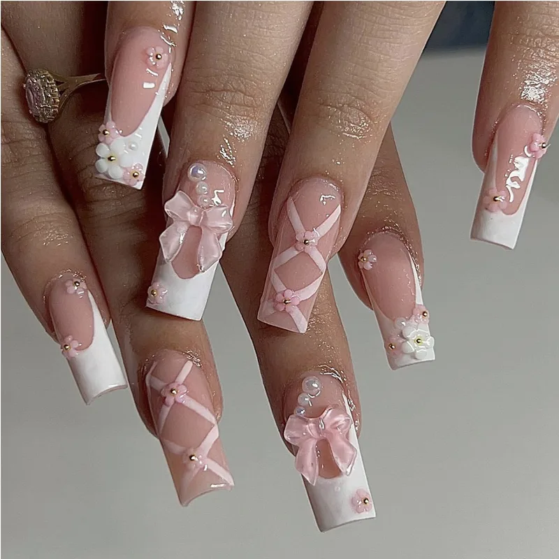24 PCS Planet Diamond Star Nail Art, Long Length Long Water Pipe Fake Nails,Square Head Nail Tips False Nail