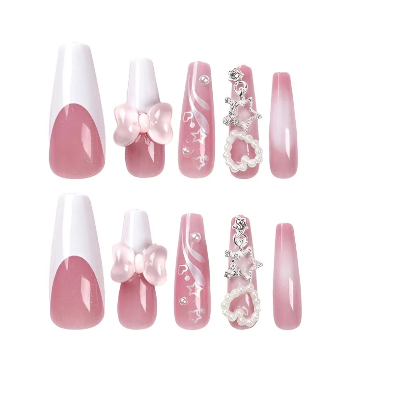 24 PCS Bear Bowbowknot Nail Art, Long Length Long Water Pipe Fake Nails,Square Head Nail Tips False Nail view 2