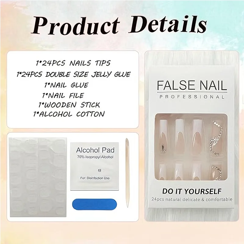24 PCS White Flower Diamond Butterfly Nail Art, Long Length Long Water Pipe Fake Nails,Square Head Nail Tips False Nail view 3