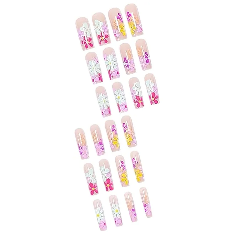 24 PCS Long Flat Flowers Nail Art, Long Length Long Water Pipe Fake Nails,Square Head Nail Tips False Nail view 2