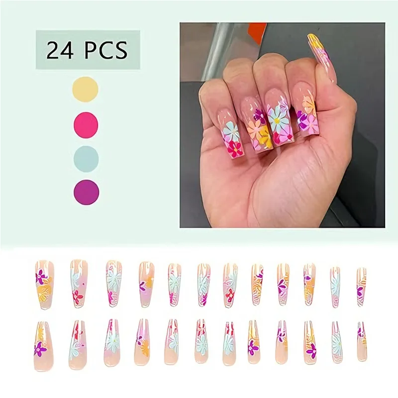 24 PCS Long Flat Flowers Nail Art, Long Length Long Water Pipe Fake Nails,Square Head Nail Tips False Nail view 3