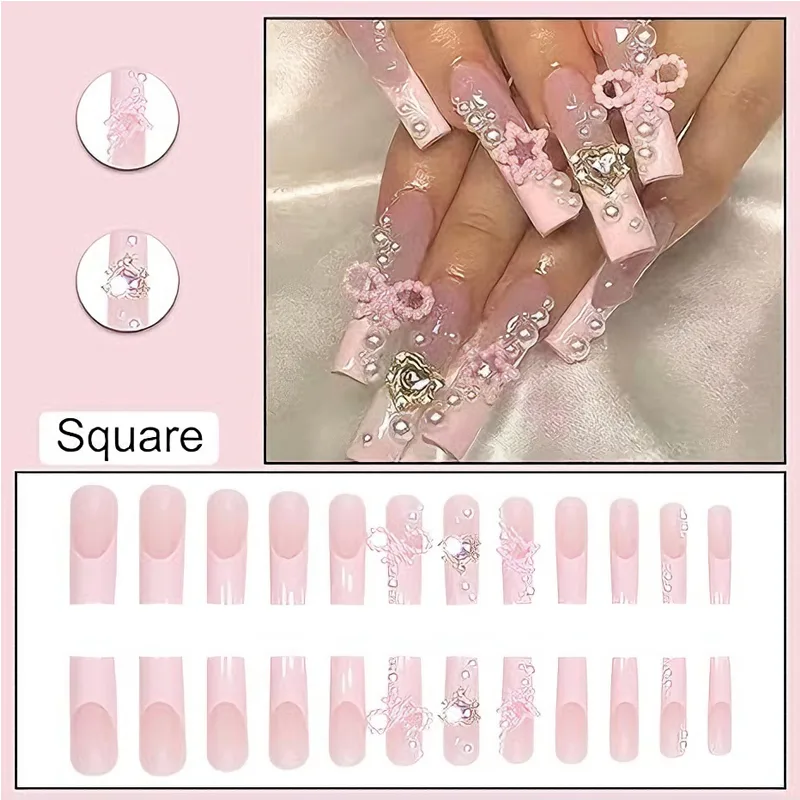 24 PCS Bowbowknot Nail Art, Long Length Long Water Pipe Fake Nails,Square Head Nail Tips False Nail view 3