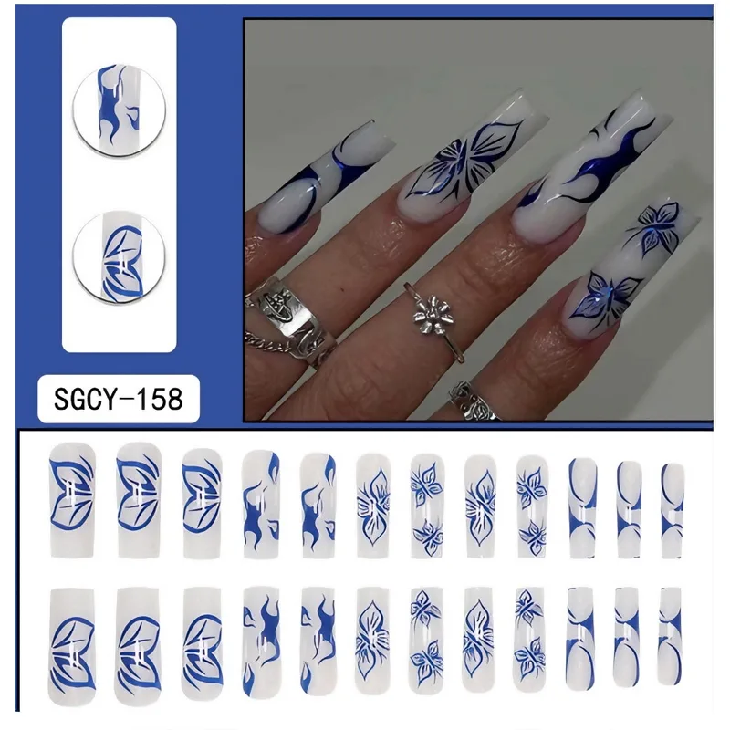 24 PCS Blue Butterfly Art, Long Length Long Water Pipe Fake Nails,Square Head Nail Tips False Nail view 2