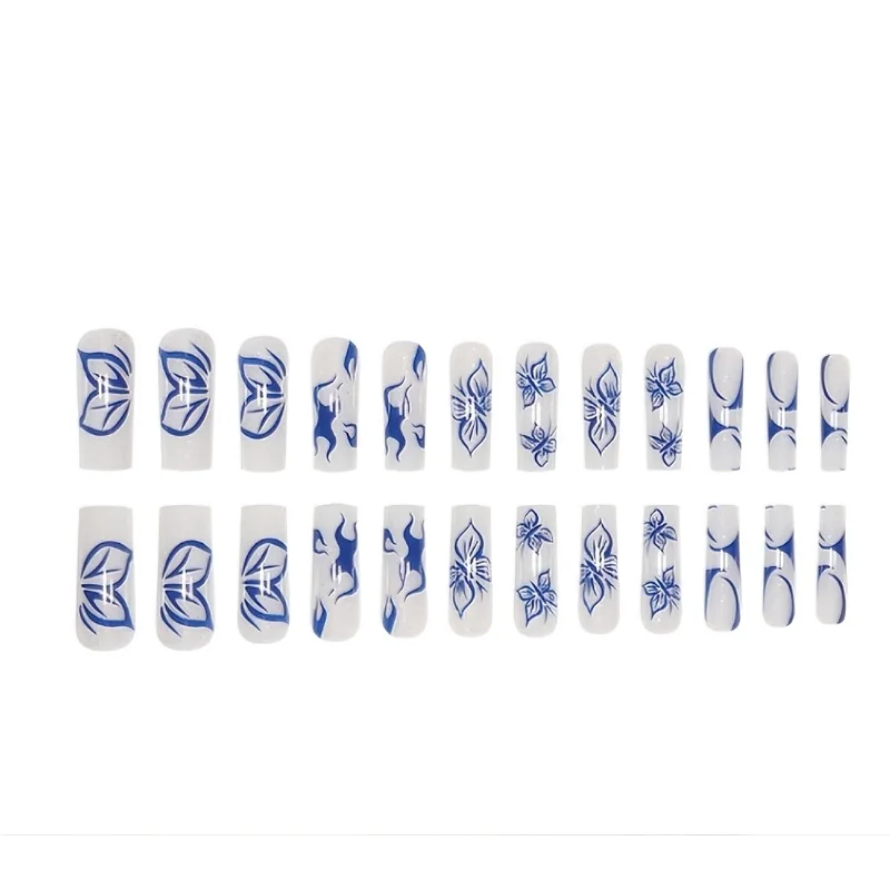 24 PCS Blue Butterfly Art, Long Length Long Water Pipe Fake Nails,Square Head Nail Tips False Nail view 3