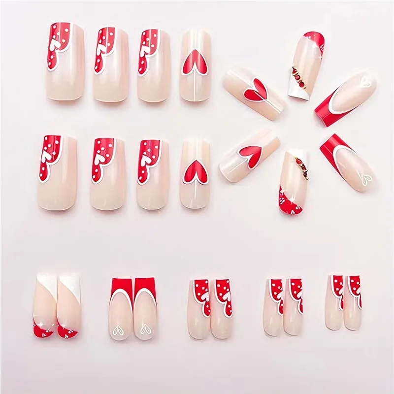 24 PCS Red And White Heart Nail Art, Long Length Long Water Pipe Fake Nails,Square Head Nail Tips False Nail view 4