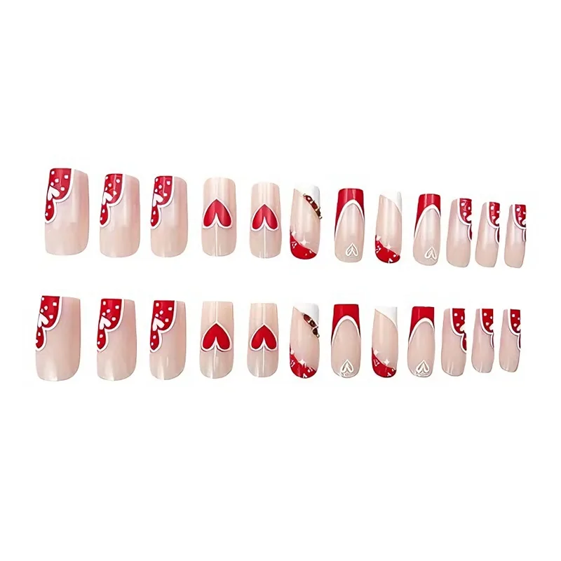 24 PCS Red And White Heart Nail Art, Long Length Long Water Pipe Fake Nails,Square Head Nail Tips False Nail view 2
