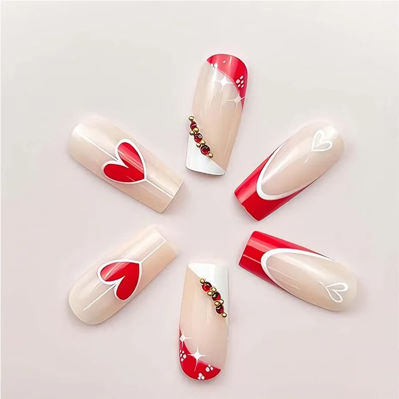 24 PCS Red And White Heart Nail Art, Long Length Long Water Pipe Fake Nails,Square Head Nail Tips False Nail view 3