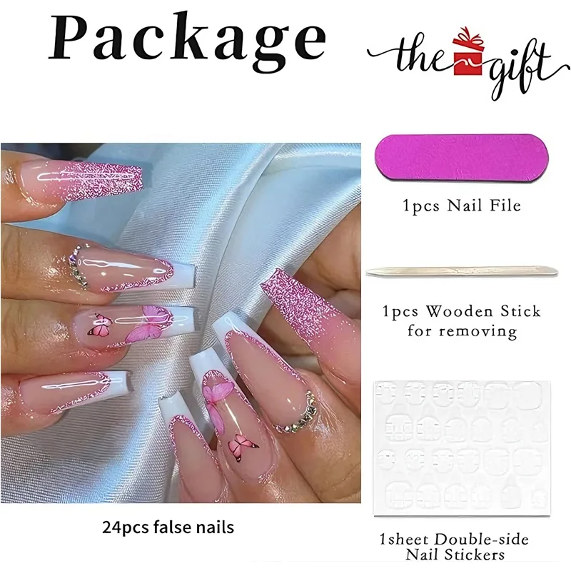 24 PCS Glitter Powder Butterfly Nail Art, Long Length Long Water Pipe Fake Nails,Square Head Nail Tips False Nail view 2