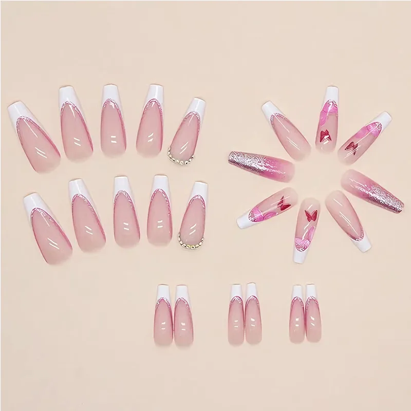24 PCS Glitter Powder Butterfly Nail Art, Long Length Long Water Pipe Fake Nails,Square Head Nail Tips False Nail view 3