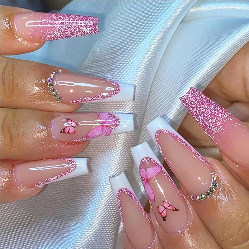 24 PCS Glitter Powder Butterfly Nail Art, Long Length Long Water Pipe Fake Nails,Square Head Nail Tips False Nail