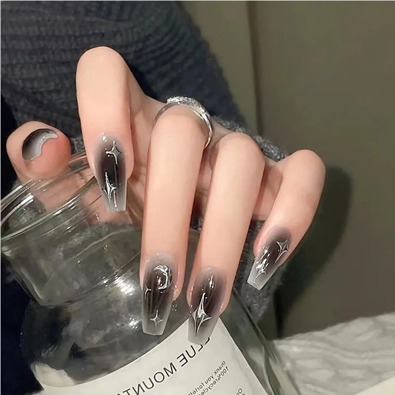 24 PCS Black Silver Star Nail Art, Long Length Long Water Pipe Fake Nails,Square Head Nail Tips False Nail