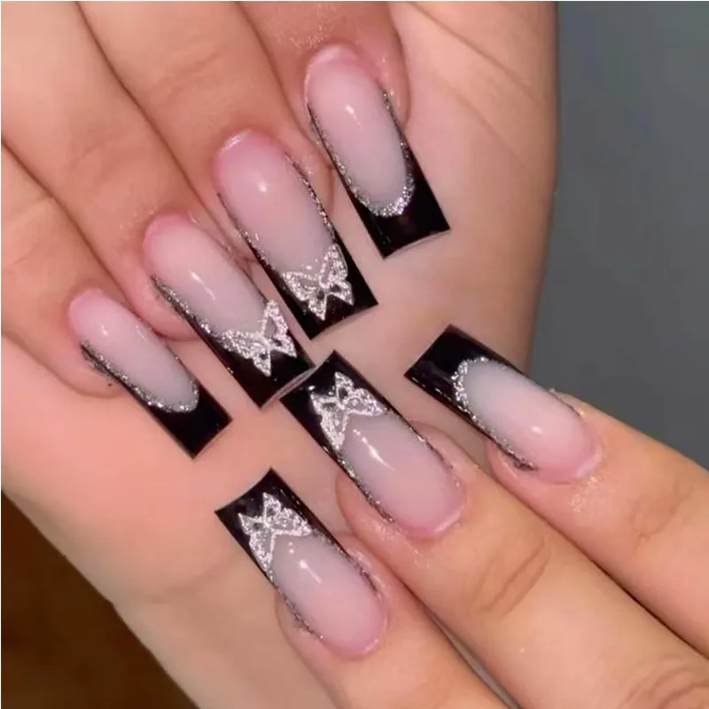 24 PCS Black P Ink Butterfly Nail Art, Long Length Long Water Pipe Fake Nails,Square Head Nail Tips False Nail