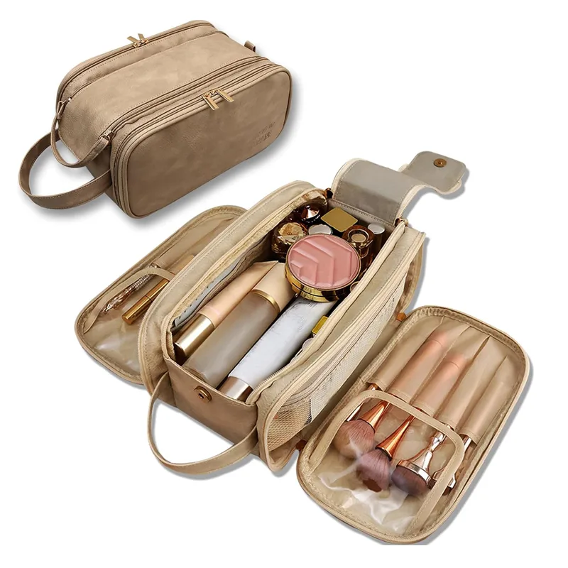 Travel Toiletry Bag For Women Men, Large Travel Toiletry Organizer Makeup Bag, Hanging Cosmetic Bag Kit Leather Skin Care Waterproof Shaving Bag view 3