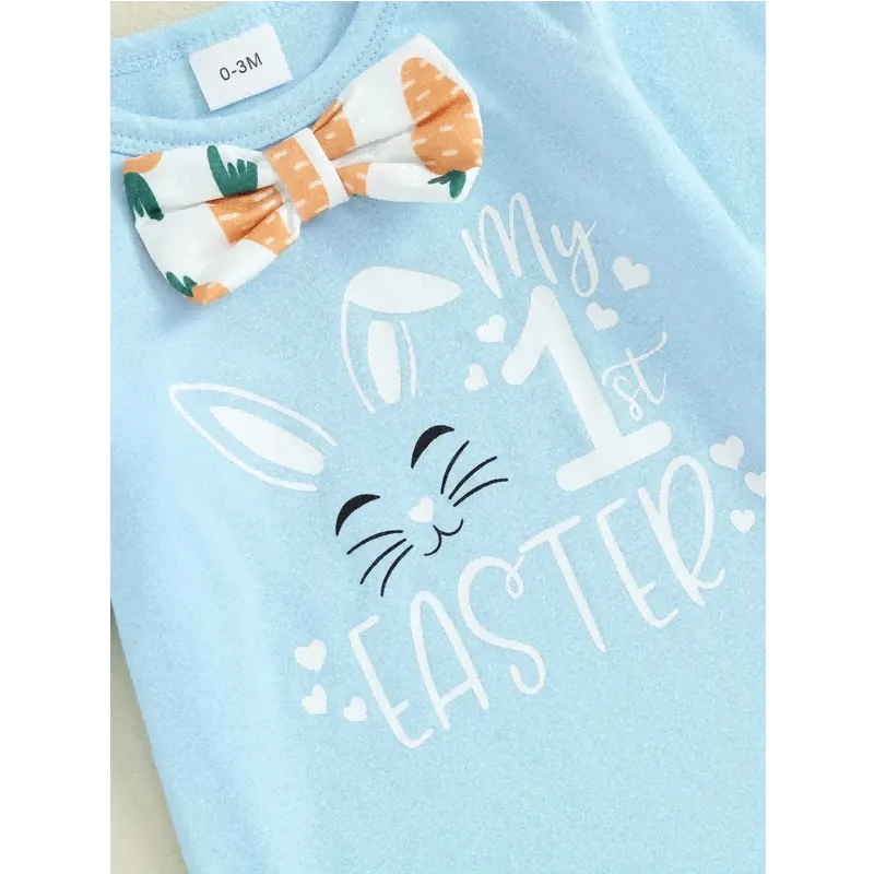 3pcs Set Baby Costume Set, Long Sleeved Letter Rabbit Print Jumpsuit, Carrot Print Suspender Pants, Hat Set view 2