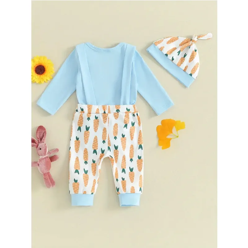 3pcs Set Baby Costume Set, Long Sleeved Letter Rabbit Print Jumpsuit, Carrot Print Suspender Pants, Hat Set view 4