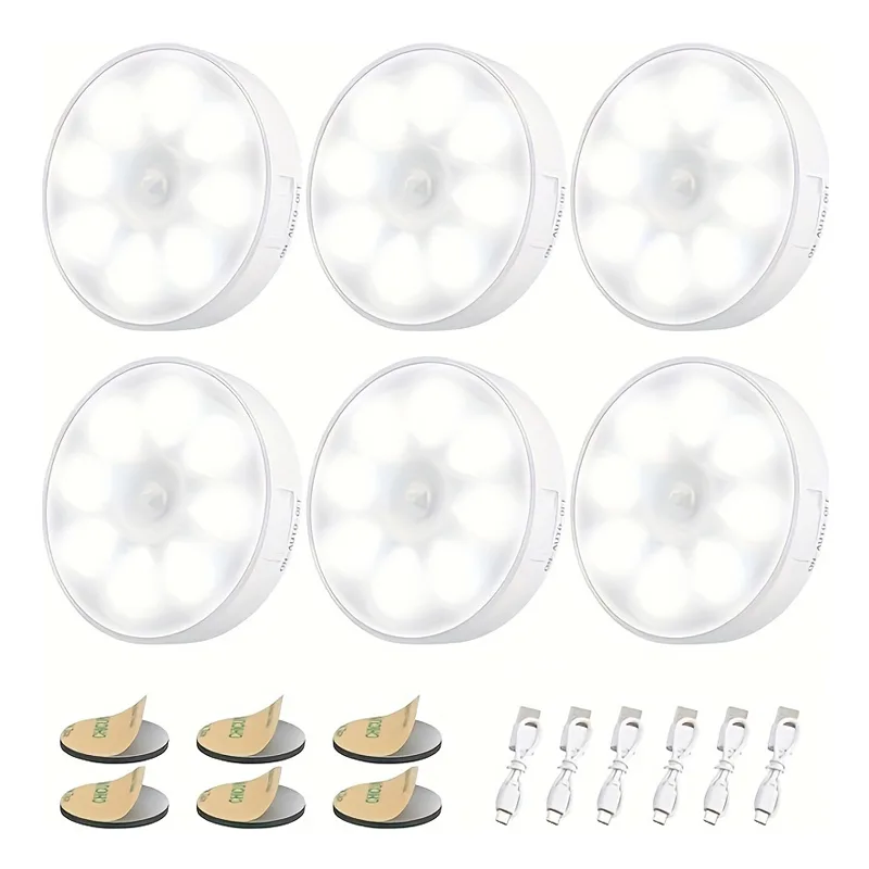 6 Pcs Under Cabinet Lights 16 LEDs Wireless Motion Sensor Light Puck Light, 3 Color Temps Dimmable 3000-6000K, Rechargeable Closet Lights For Cabinet, Closet, Kitchen, Hallway, Stairs