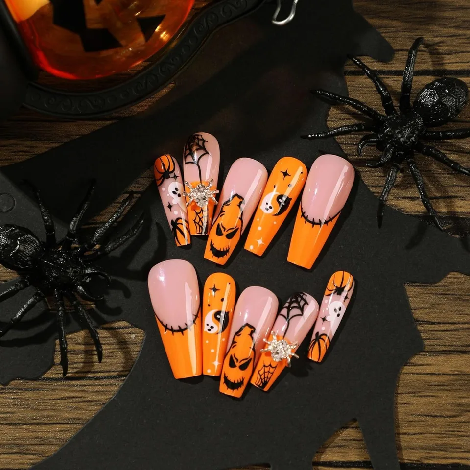 24 PCS Press On False Nails Short Medium Length Full Cover Acrylic Fake Nails Almond Shaped Ballerina Nails Cute Pumpkin Bat Ghost Spider view 2