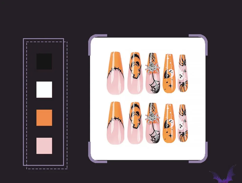 24 PCS Press On False Nails Short Medium Length Full Cover Acrylic Fake Nails Almond Shaped Ballerina Nails Cute Pumpkin Bat Ghost Spider view 3