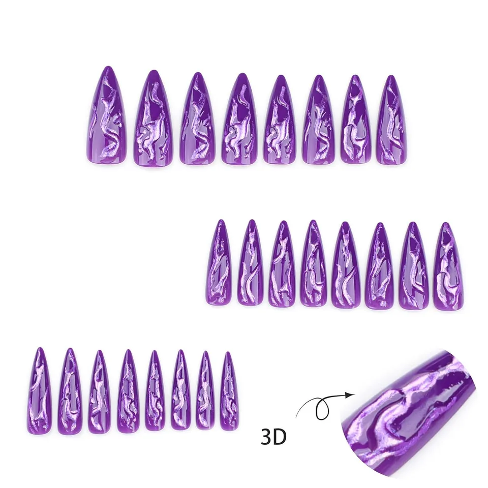 24 PCS Devil's Claws Press On Nails,3D Curve Line Acrylic False Nails, Long Stiletto Glossy Purple Glitter, Gel Glue On Nails Manicure view 2