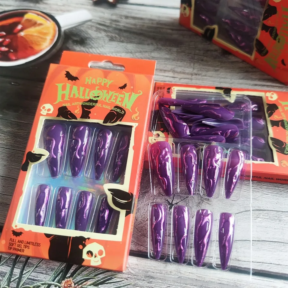 24 PCS Devil's Claws Press On Nails,3D Curve Line Acrylic False Nails, Long Stiletto Glossy Purple Glitter, Gel Glue On Nails Manicure view 4