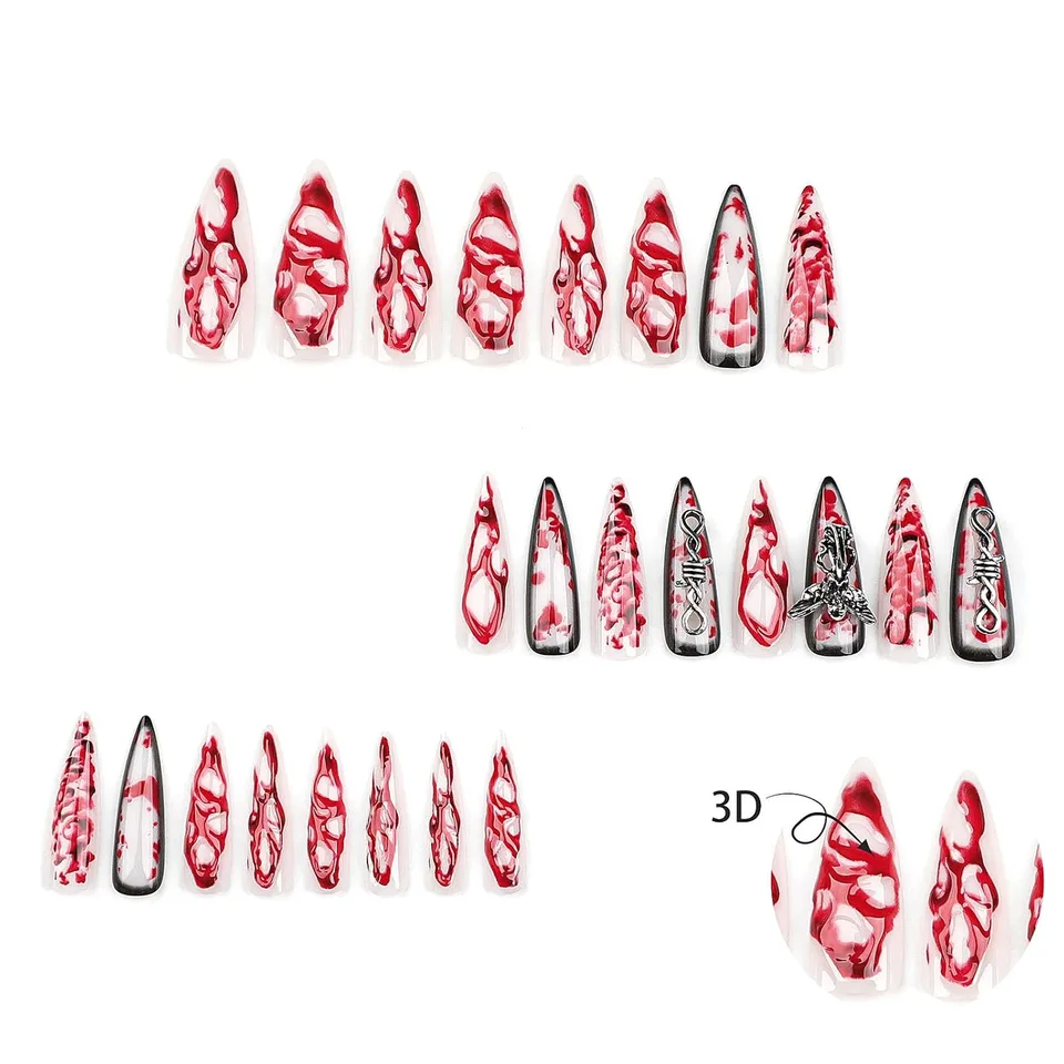 24 PCS Extra Long Teardrop-shaped Wearable Nail Art, Terrifying Angel Nail Art, 3D Blood-colored Fake Nails view 2
