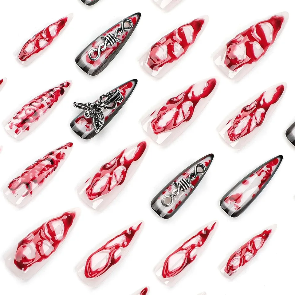 24 PCS Extra Long Teardrop-shaped Wearable Nail Art, Terrifying Angel Nail Art, 3D Blood-colored Fake Nails view 3