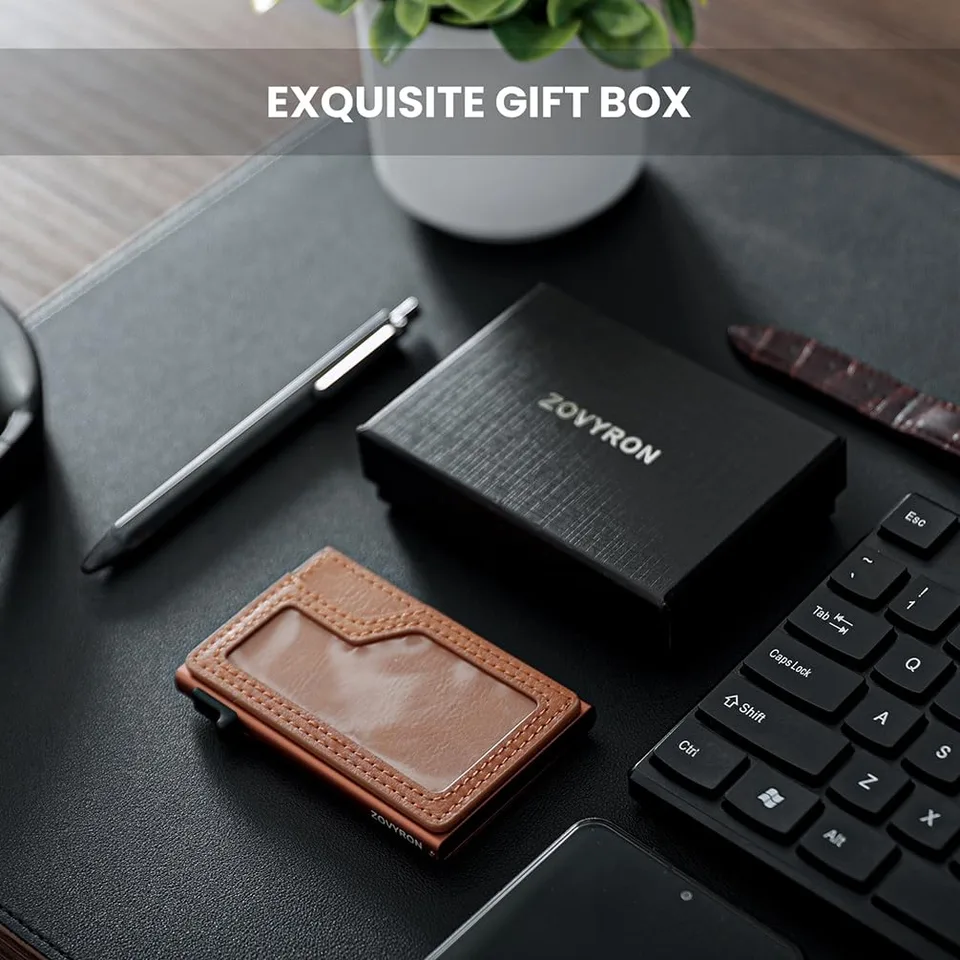 Slim Minimalist Wallet With ID Window,Pop Up Card Holder With Money Pocket Smart Wallet For Men RFID Blocking Metal Card Case view 2