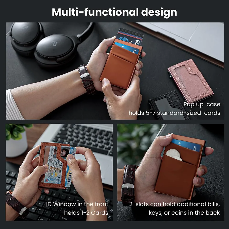 Slim Minimalist Wallet With ID Window,Pop Up Card Holder With Money Pocket Smart Wallet For Men RFID Blocking Metal Card Case view 3