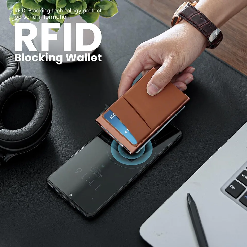 Slim Minimalist Wallet With ID Window,Pop Up Card Holder With Money Pocket Smart Wallet For Men RFID Blocking Metal Card Case view 7