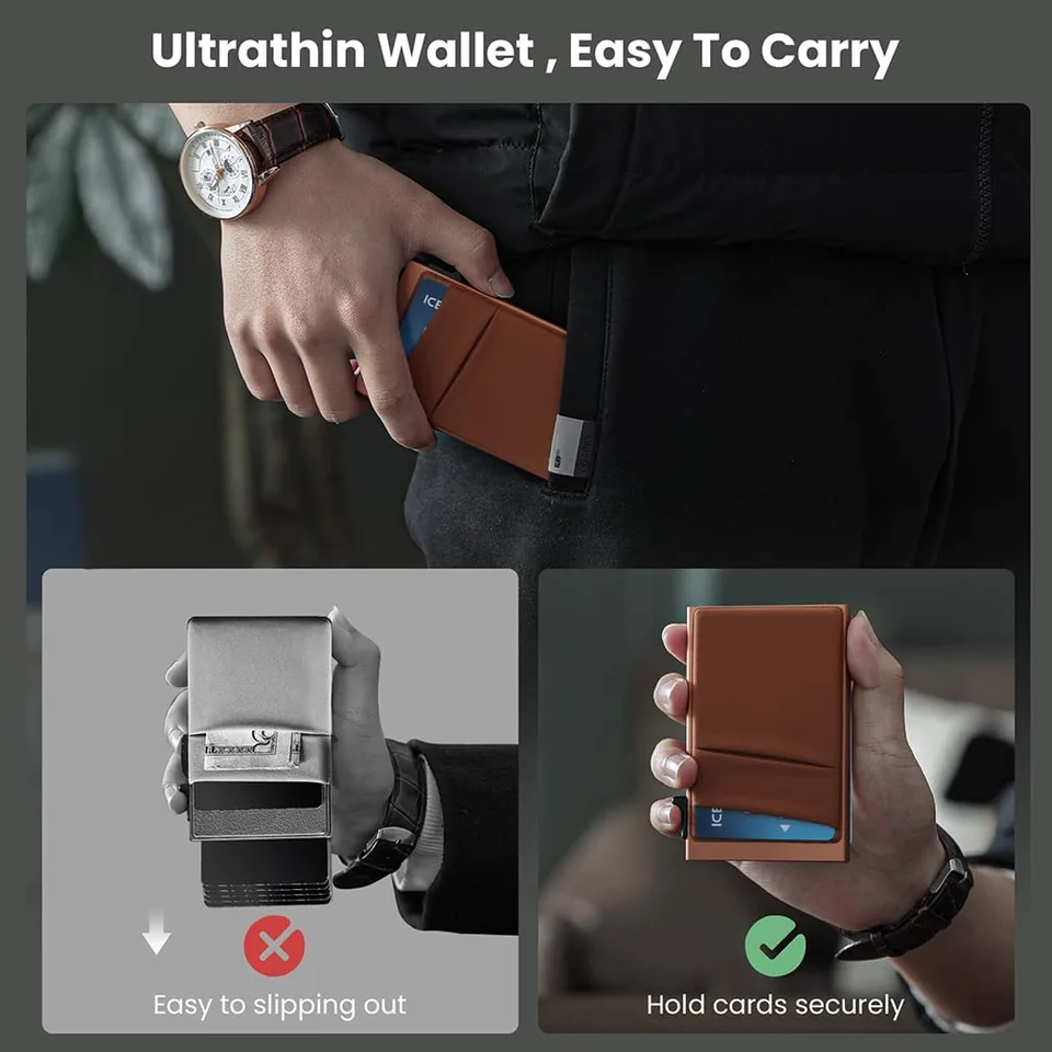 Slim Minimalist Wallet With ID Window,Pop Up Card Holder With Money Pocket Smart Wallet For Men RFID Blocking Metal Card Case view 4