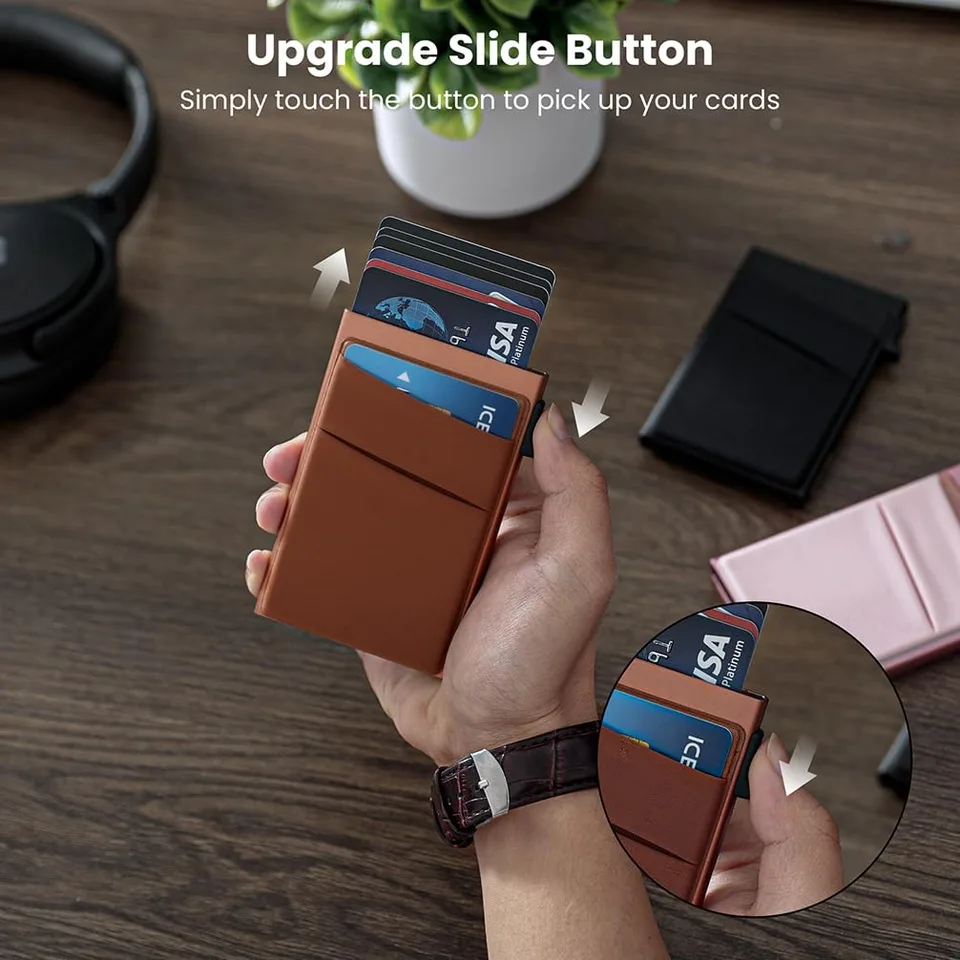 Slim Minimalist Wallet With ID Window,Pop Up Card Holder With Money Pocket Smart Wallet For Men RFID Blocking Metal Card Case view 6
