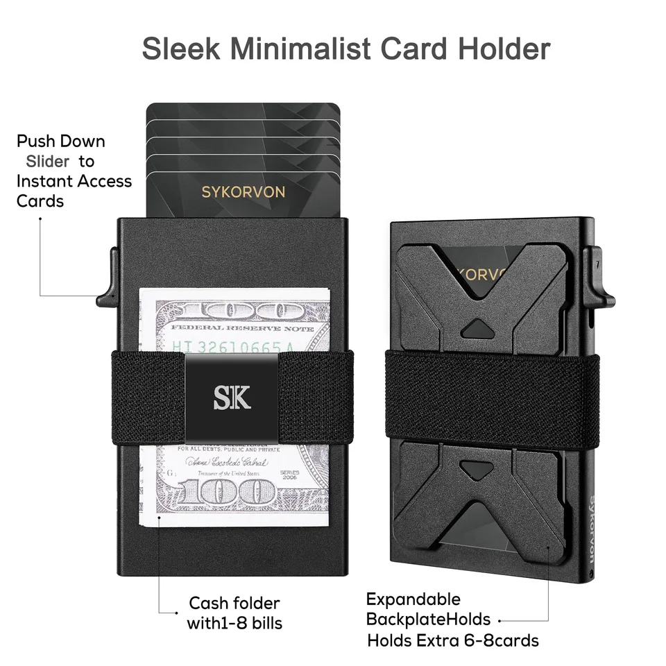 Minimalist Card Holder Wallet For Men, Aluminum Slim Metal Wallet With Money Band, RFID Blocking Up Wallet, Holds 12 Cards Plus Cash view 1