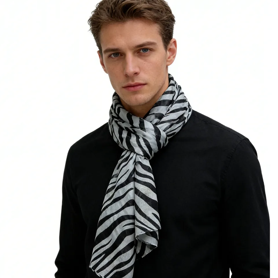 Lightweight Sheer Scarf ,Black White Monochrome Geometric view 3