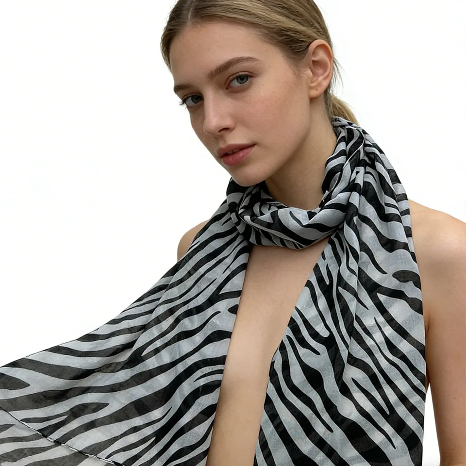 Lightweight Sheer Scarf ,Black White Monochrome Geometric