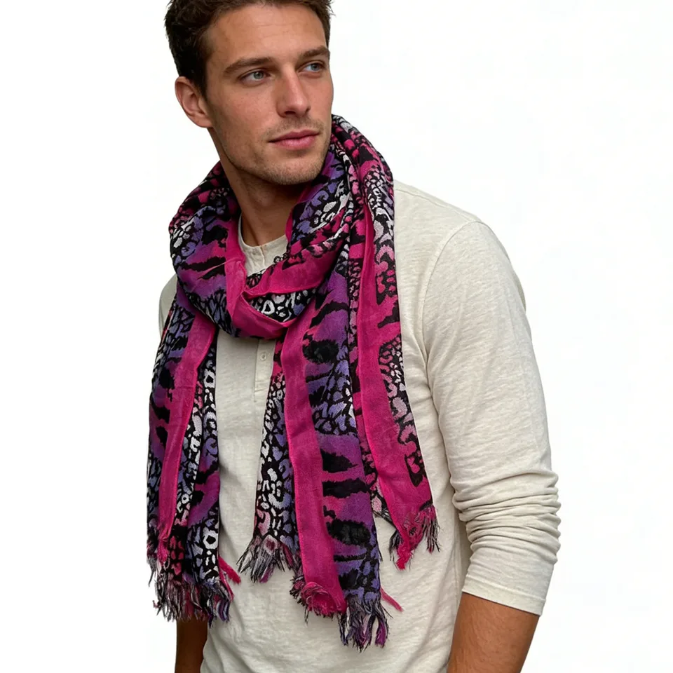 Hot Pink Printed Viscose Scarf - Extra Long Scarf 72inchx22inch view 4