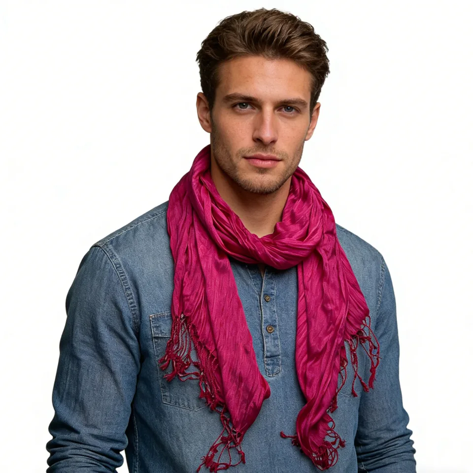 Hot Pink Dyed Crinkle Scarf - Vibrant Textured Scarf 67inchx24inch view 3