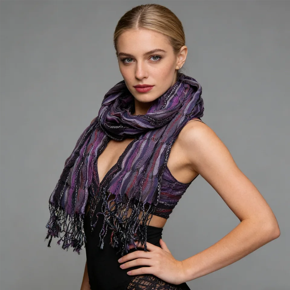 Purple Jacquard Crinkle Scarf - Regal Textured Scarf 70inchx29inch view 4