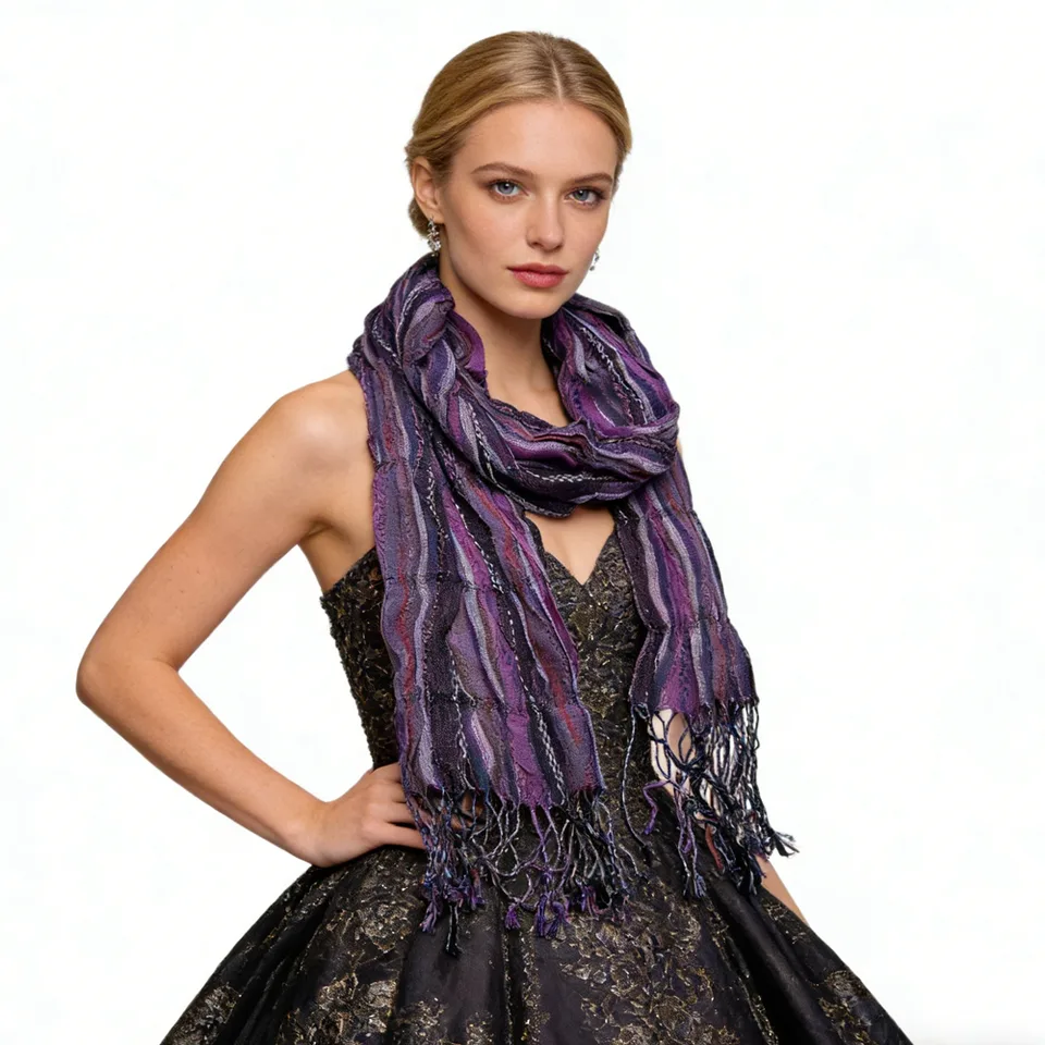 Purple Jacquard Crinkle Scarf - Regal Textured Scarf 70inchx29inch